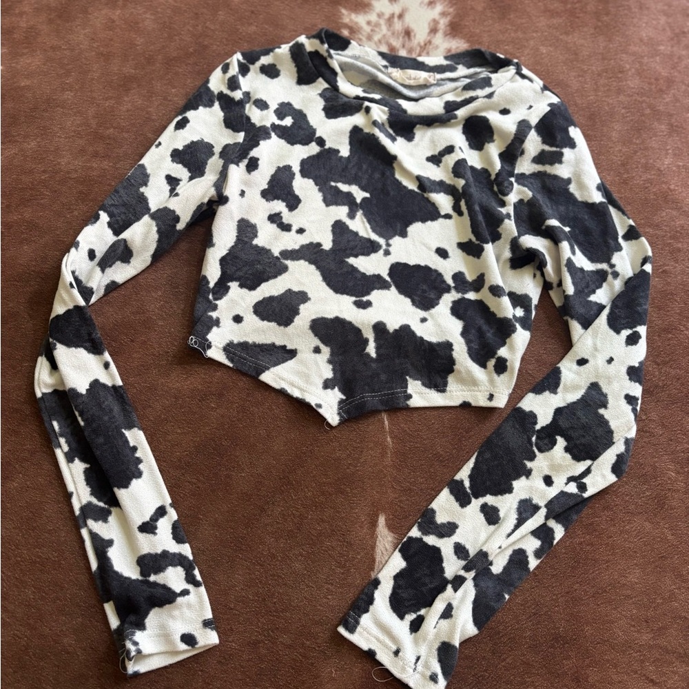 Altar’d State Cow Print Long Sleeve Crop Top